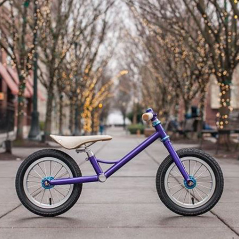 The scoot bike frame, powdercoated purple with light blue Chris King accents, make me wish I had this as a child.