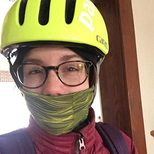 Sorrell dresses for the weather, but still manages to get out on her bike.